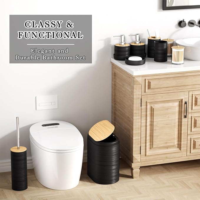 XLHOMO Black Bathroom Set - 10PC Bathroom Accessories Set, Luxury Bathroom Accessory Set with Trash Can,Toilet Brush & 2 PC Soap Dispensers for Apartment Decor and Housewarming - Image 4