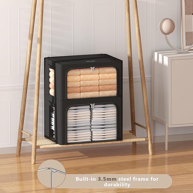 CYhom 3Pack Frame Storage Box - Clothes Storage Bin Bags Oxford Fabric Foldable Stackable Container Organizer Set with Clear Window & Carry Handles (Black, X-Small-36L) - Image 8