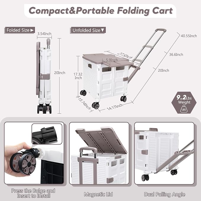 FELICON SELORSS Folding Utility Cart Portable Rolling Crate Handcart-White | Adjustable Handle+Extended Magnetic Lid,Storage Basket Box,4 Swivel Wheels Tote for Teacher Move Shop Travel Grocery Office - Image 6