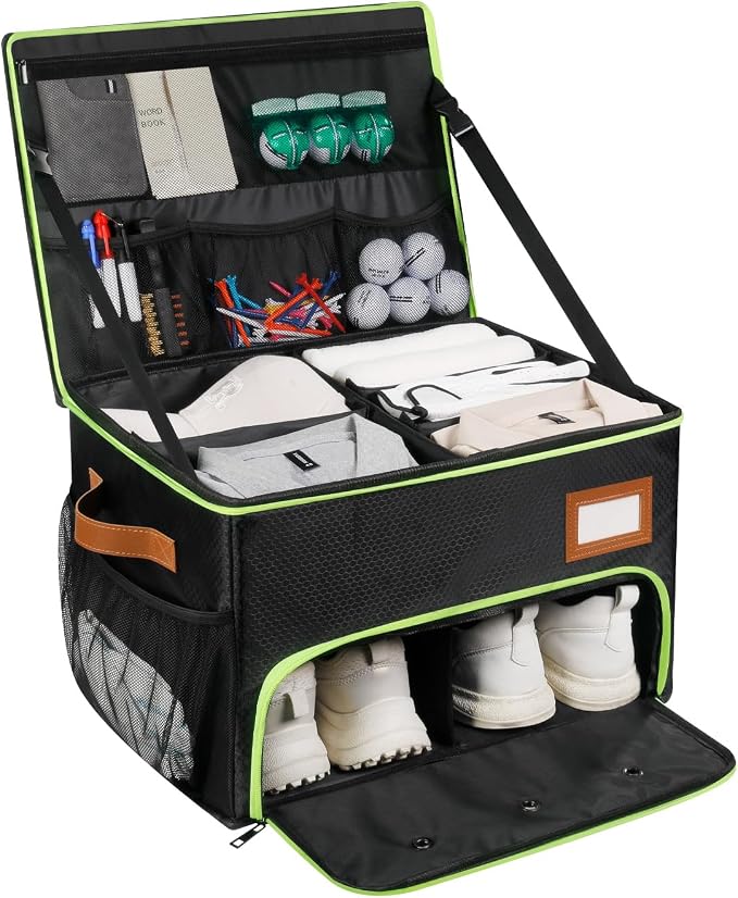 2 Layer Golf Trunk Organizer, Golf Organizer with 2 Pairs Shoes Compartment, Golf Storage Waterproof Car Trunk Locker for Balls, Caps, Clothes, Gloves, Accessories, Gifts for Golfers by XHGWJSX