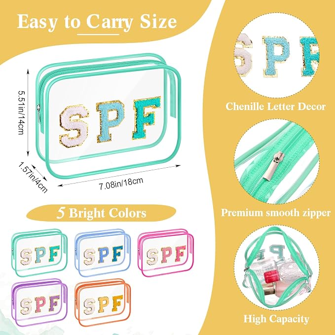 Kacctyen 20 Pcs Clear SPF Makeup Bags Bulk 5 Colors Sunscreen Pouch Beach Pool Waterproof Toiletry Cosmetic Bags Set Preppy Chenille Letter Patch Zip Organizer Girls Summer Vacation Gifts Essentials - Image 2
