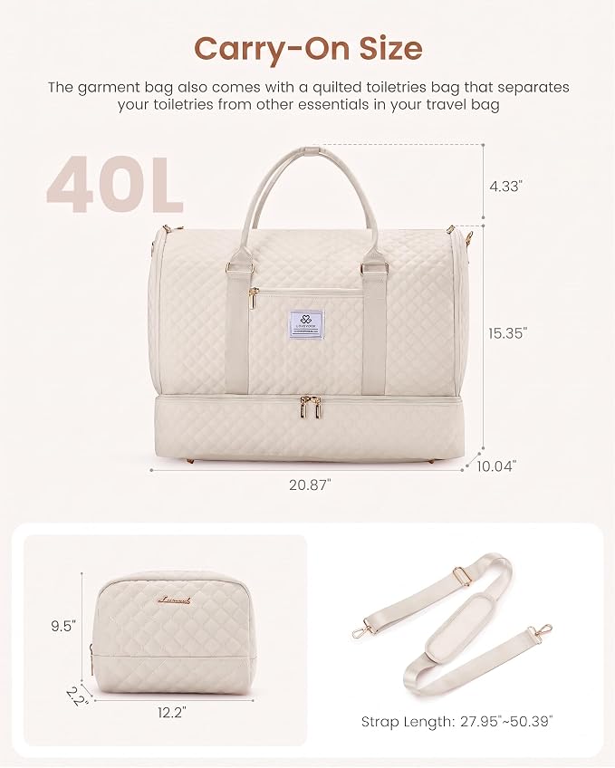 LOVEVOOK Convertible Garment Bag for Travel with Shoe Pouch, Carry On Garment Duffel Bag with Toiletry Bag, 2 in 1 Hanging Suitcase Suit Bag, Weekender Bag for Women Travel, Wedding, Beige - Image 2