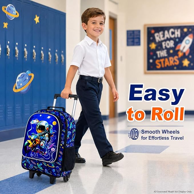 HPJGD 3PCS Astronaut Rolling Backpack for Boys, Kids School Backpacks with Wheels, Water Resistant UV Printed Roller Wheeled Bookbag Set - Image 2