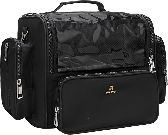 NAONAYA Makeup Brush Bag, Clear Makeup Brush Holder for Makeup Artists | Extra Large Capacity Travel Cosmetic Bag , Full Open Black Makeup Brush Case with Adjustable Dividers with Shoulder Strap by NAONAYA