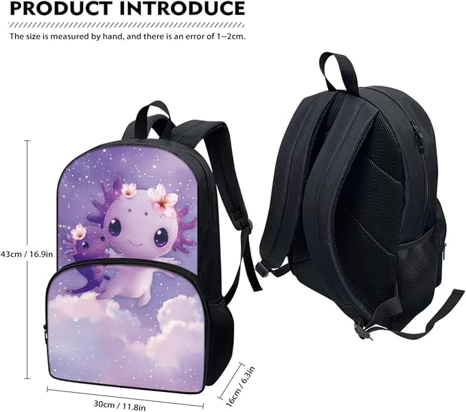 Axolotl Girls Backpacks for Elementary School Cute Bookbag for Kids 3 Pcs School Bag Set with Lunch Box and Pencil Bag Aesthetic School Supplies - Image 2