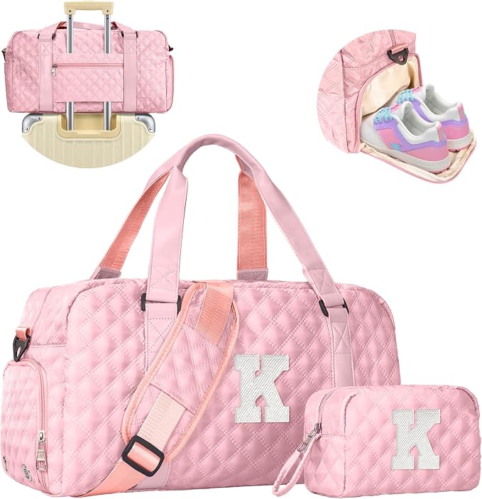 Initial Gifts, Duffle Bag with Shoes Compartment, Travel Duffel Bags for Girls Teen Women, Large Packable Carry on Bag with Makeup bag, Water Repellent & Tear Resistant by Elilier