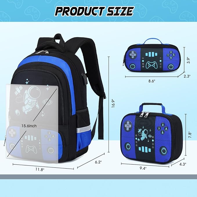 Bevalsa Backpack for School Boys, Cool Luminous Gamer Boys Schoolbag with Lunch Box & Pencil Case Set for Kids Teens Elementary Middle School, Bookbag Glow In The Dark(Blue Astronaut Backpack) - Image 3