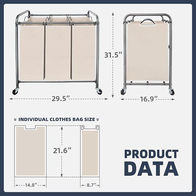 STO STO Laundry Sorter 3 Section, 3 Bag Clothes Hamper, Rolling Laundry Cart Basket with Heavy Duty Lockable Wheels and Removable Bag for Laundry Room, Bedroom, Closet, Beige - Image 6
