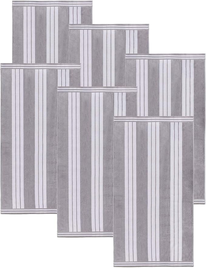 Superior Oversized Cotton Beach Towel Set of 6, Absorbent Towels for Bathroom, Beach, Pool, Swim, Adults, Kids, Vacation, Travel, Bath, Quick Dry Basics, Trip Essentials, Striped Decor, Light Grey - Image 2