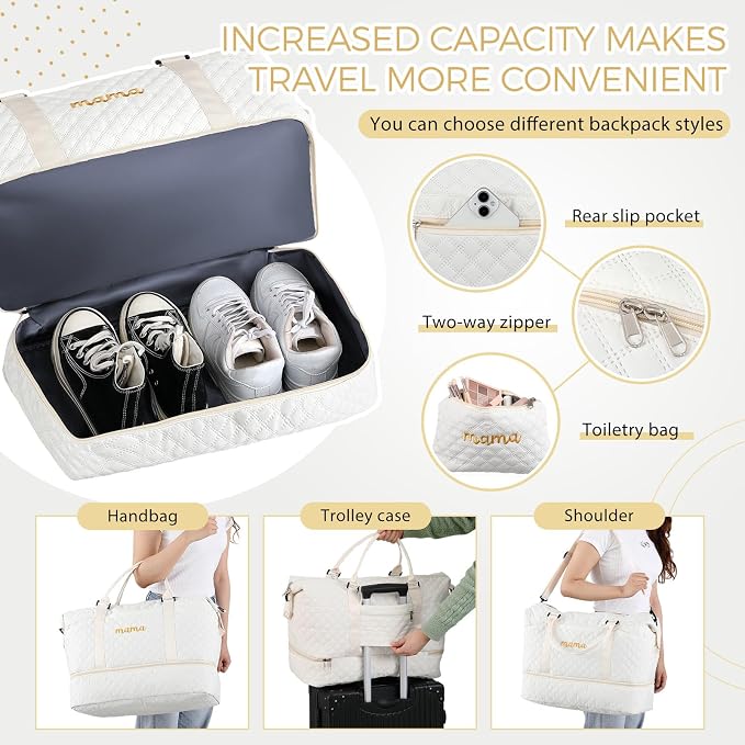 Dansydaisy Mama Hospital Bag for Women Labor Delivery Travel Duffle Bag with Shoe Compartment and Toiletry Pouch Waterproof Letter Embroidered for Pregnancy Weekend Overnight Gym Gift, White - Image 3