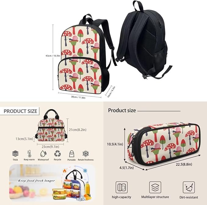 Beige Red Mushroom Backpack with Lunch Box and Pencil Case Girls Comfy Padded Cute School Backpack Set of 3 Bookbag for Student Lightweight Large Capacity Daypack - Image 4