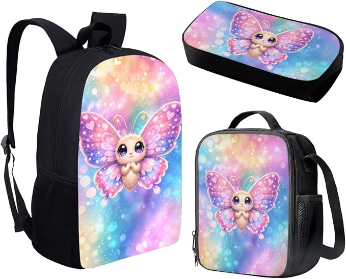 Forchrinse Cartoon Butterfly Backpack for Girls Kids Backpacks with Lunch Box Pencil Case 3PCS Bookbag Set 17 inch School Bag for Elementary School - Image 2
