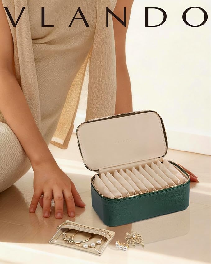 VLANDO Gifts for Teachers,Jewelry Case with 12 Velvet Jewelry Bags Travel Jewelry Organzier for Travelers Necklace Rings Earrings Jewelry Bags Birthday Wedding Gifts (Green) - Image 2