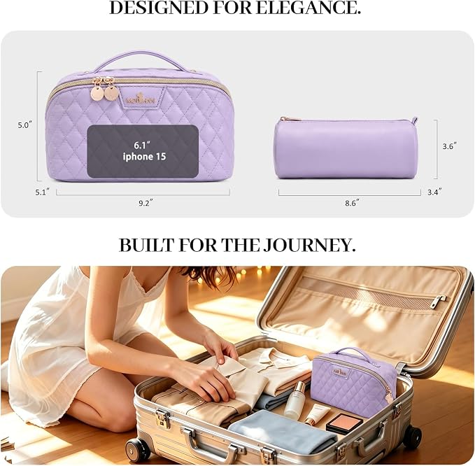 Travel Makeup Bags Cosmetic Organizer: 3Pcs Set Puffy Make up Bag for Women | Purple Premium Quilted ELEGANCE Design | Large Capacity Leather Toiletry Bags | Wide Open Compact Case for Travel Essentials - Image 7