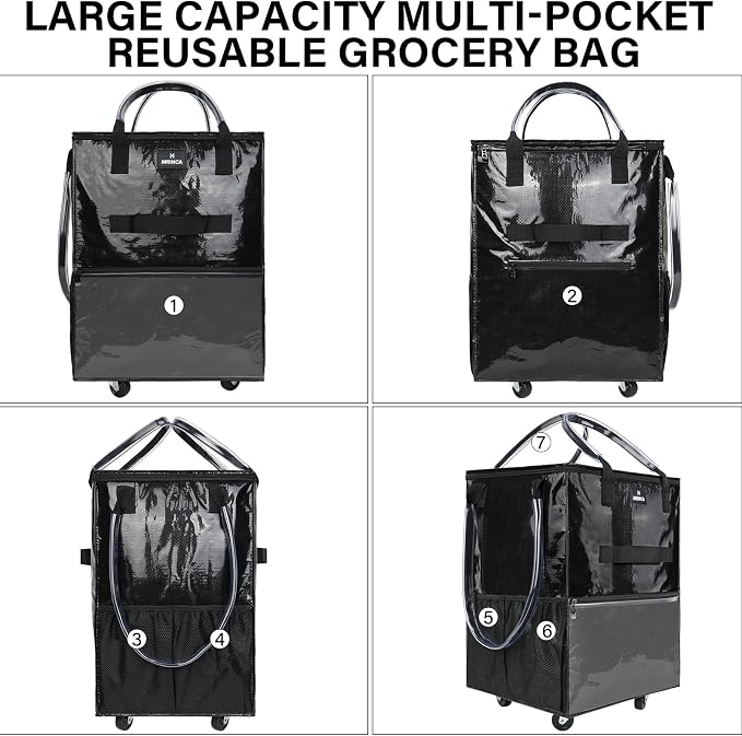Large Reusable Grocery Bag On 5 Wheels, 130L Foldable Rolling Tote Bag, Rolling Shopping Cart Bag with 3 Handles & Multiple Pockets, Zippered Closure for Laundry Moving Travel Camping, Black - Image 4