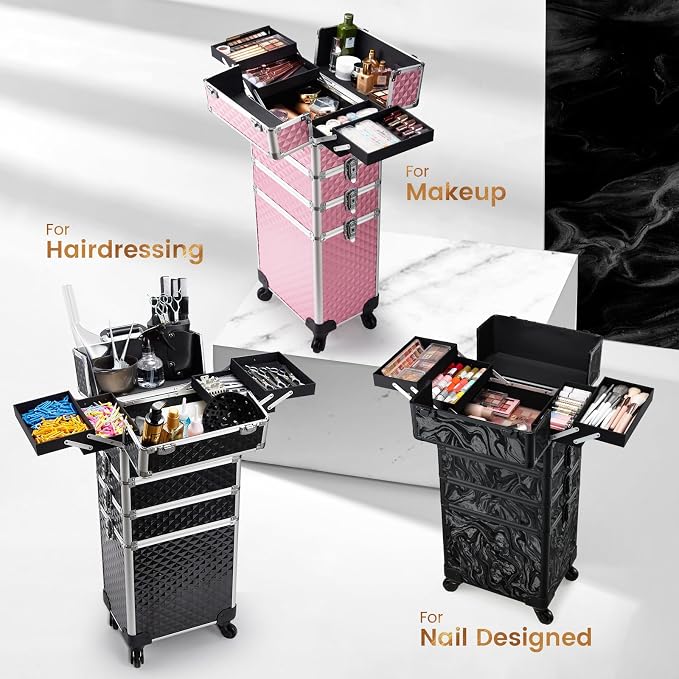 Stagiant Rolling Makeup Train Case Cosmetology Case on Wheels 4 in 1 Large Cosmetic Organizer Box Makeup Travel Case with Key Swivel Wheels Nail Artist Salon Storage Traveling Cart Big Trunk Pink - Image 2