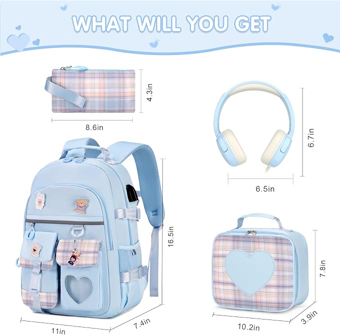 ACESAK Backpack for Girls with Headphones - Girls Backpack with Lunch Box, Pencil Case & Kids Headset - 3.5mm Wired Headphones for School Bookbag Schoolbag Set Back To School Gift (Blue) - Image 2