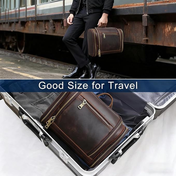 Toiletry Bag for Men Women, Travel Hanging Dopp Kit Organizer, Full Grain Leather Large Shaving Cosmetic Essentials, Gifts for Husband/Dad/Business Traveler, Fits Most Standard Bathroom Toiletries - Image 4