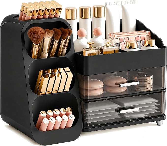 Booklov Makeup Organizer for Vanity, Large Capacity Cosmetic Display Case with Drawers, Countertop Beauty Storage Holder for Skincare, Brush Eyeliner Perfume Eyeshadow Lipsticks, Counter Desk, Black by Booklov