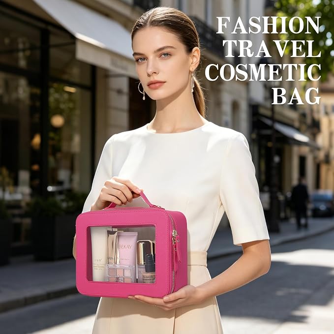 Clear Travel Makeup Bag, Fuxia, L+Slim | With Brush Bag, Transparent, Waterproof, With Zipper, For Women - Image 8