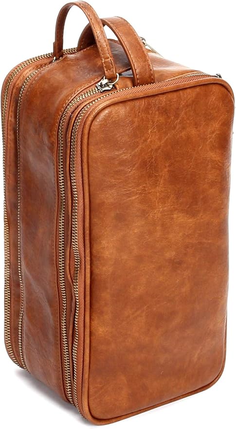 Personalized Leather Kit for Men Travel Toiletry Bag Cosmetic Shaving Bag Brown by ROCKCOW