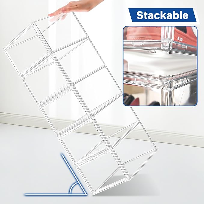 12 Pack Drop Front Shoe Boxes Acrylic Box Sneaker Case Size 12, Transparent Display Cases for Sneaker Collections, Baseball Caps, Hat Organizer Dust-free Shoe Cubbies Stackable Sneaker Boxes - Image 4