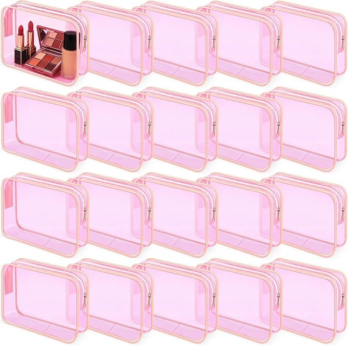 20 Pcs Clear Makeup Bags Bulk Travel Toiletry Bag 7 x 5.5 x 1.6 Inch PVC Zipper Pouch Waterproof Plastic Cosmetic Case Portable Organizer for Women Summer Bathroom (Pink) by Cunno