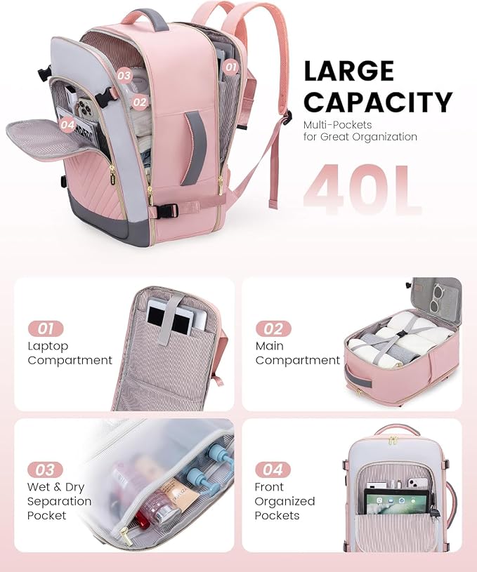 LOVEVOOK Large Travel Backpack for Women, TSA Carry on Backpack for Airplanes, 50L Personal Item Travel Bag for Women fits 17" Laptop,Waterproof Carry on Bag Airplane Approved with 3 Packing Cubes - Image 3