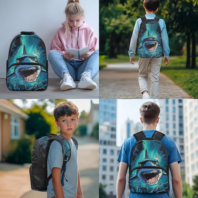 Shark Backpack and Lunch Box Set 4 PCS Schoolbag Book Bag with Insulated Lunch Bag Box Pencil Case Water Bottle Holder Carrier Sling Bag - Image 3