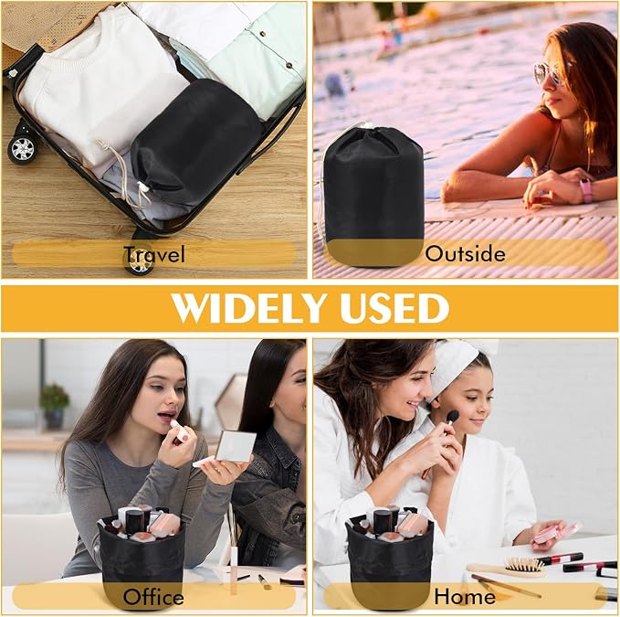INVODA Drawstring Makeup Bag for Women Cosmetic Bag Large Travel Make up Bags Portable Barrel Toiletry Bag Toiletries Pouch Travel Cosmetic Organizer (Black) - Image 9