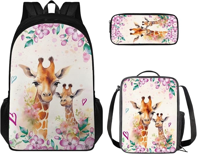 Coloranimal Giraffe 3Pcs Backpack 17 Inch Kids Backpack With Small Lunch Bag Pencil Case Rucksack with Water Bottle Pocket & Smooth Zipper Knapsack for Travel Daypack by Coloranimal
