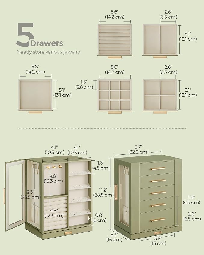 SONGMICS GISELLA Collection - Jewelry Box Organizer 360° Rotating, Vertical Jewelry Storage Case with 5 Drawers, Glass Window, Spacious, Open Design, Great Gift, Laurel Green UJBC170C02 - Image 4