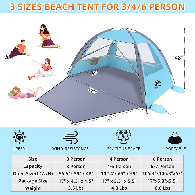 Happy Travel Beach Tent, UPF 50+ UV Protection Sun Shade Shelter for 3/4/5/6/7/8 Person, Portable Beach Canopy for Family & Baby, Lightweight & Easy Setup Beach Cabana with 3 Ventilation Mesh Windows - Image 7