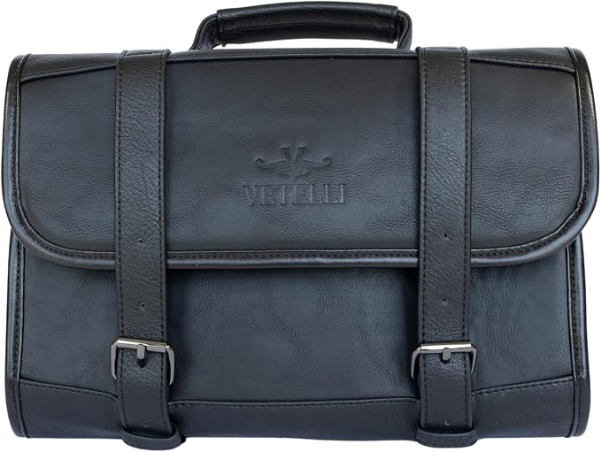 Vetelli Leather Toiletry Bag for Men - Water Resistant, 2 Zippered Internal Pockets, 2 Snap-Fastened Internal Pockets, and Hanging Hook. (Black) by Vetelli