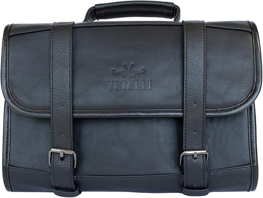 Vetelli Leather Toiletry Bag for Men - Water Resistant, 2 Zippered Internal Pockets, 2 Snap-Fastened Internal Pockets, and Hanging Hook. (Black) by Vetelli