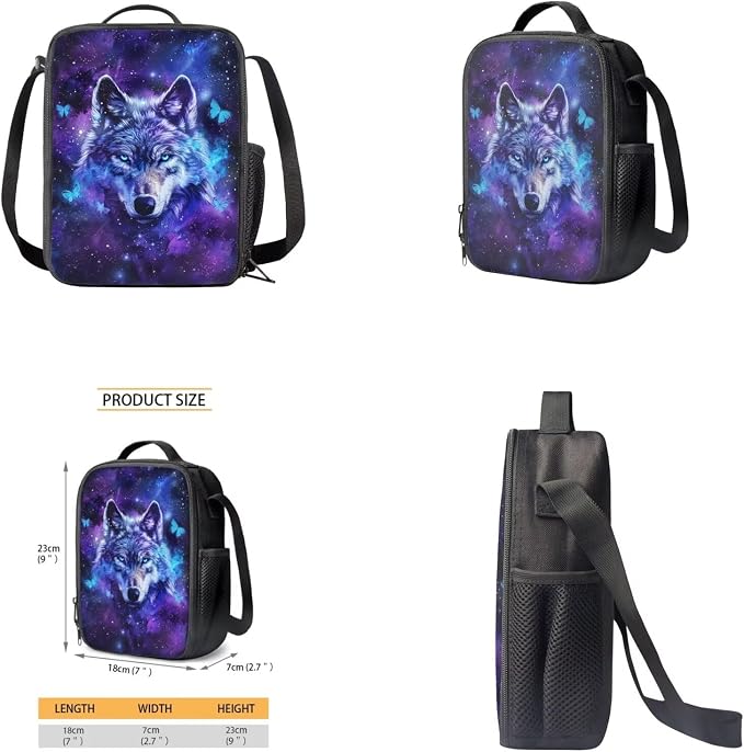 Galaxy Wolf Backpack for Girls Kids Backpack with Lunch Box Water Bottle Holder and Aesthetic Pencil Case 4PCS Set Bookbag with Front Pocket for School 17" Sturdy School Bag with Side Pocket - Image 4