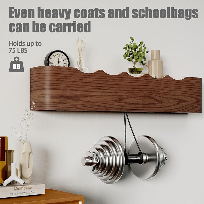Coat Rack Wall Mount with Shelf 5 Hidden Hooks Modern Wooden Key Holder Entryway Organizer for Hallway Bedroom Bathroom Home Decor Storage for Hanging Coats Hats Bags Towels, Wave-Shape Walnut - Image 4