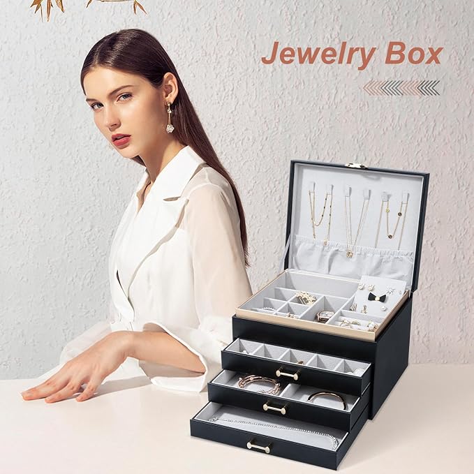 Jewelry Boxes for Women, Large Jewelry Storage Boxes, 4-Layer Leather Jewelry Organizer with 3 Drawers, Jewelry Display Case Gift for Women Girls, Black - Image 6