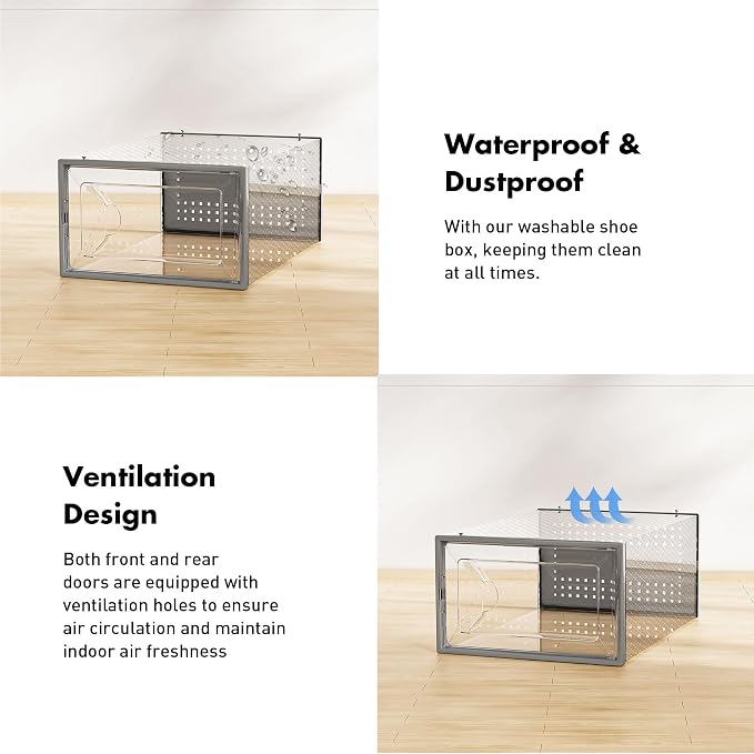 Foluck Shoe Storage Box, 15 Pack Clear Plastic Stackable Organizer for Closet, Interlocking Design Shoes Container Bins for Sneakers, Foldable Shoe Rack with Lids, Grey - Image 5