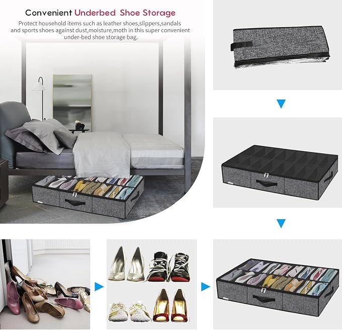 Onlyeasy Sturdy Under Bed Shoe Storage Organizer with Handles and Clear Window Fit 16 to 32 Pairs, Premium Foldable Shoes Container Box for Closet, 37.7x 23.6x 5.9 inch, Cotton-like Black, MXBUBS16P2 - Image 5