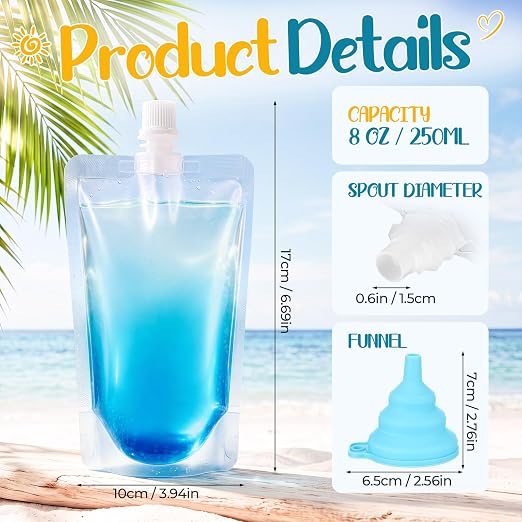 Patelai Plastic Liquid Pouch Reusable Juice Pouches Travel Water Pouch Leak Proof Bags Bulk with Collapsible Silicone Funnel for Travel Outdoor (400 Pieces,8 oz) - Image 3