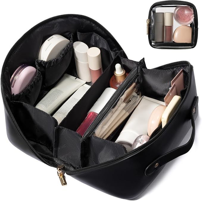 LOVEVOOK Travel Makeup Bag for Women, 2Pcs Large Capacity Cosmetic Organizer Bag, Waterproof PU Leather, Flat Open Portable Small Toiletry Pouch for Skincare, Brushes & Travel Essentials by LOVEVOOK