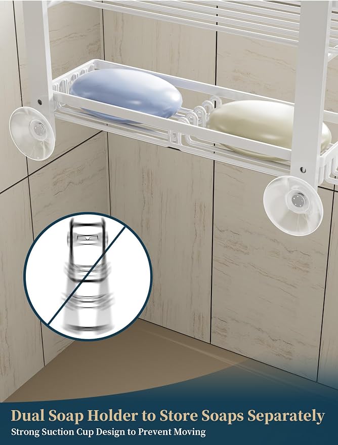Consumest Over The Door Shower Caddy - 4 Tier Adjustable Hanging Shower Organizer Shelf with 2 Soap Holders & 22 Hooks, Rustproof Easy Installation Hanging Storage Rack for Bathroom, White - Image 4