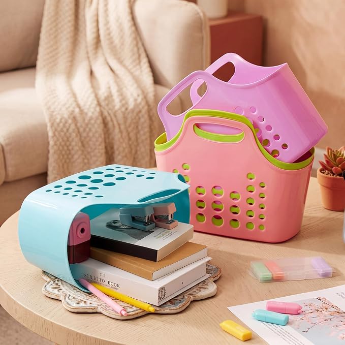 Nuogo 50 Pack Multicolor Plastic Basket with Handles Oval Plastic Shower Caddy Bulk Reusable Multipurpose Storage Organizer for Bathroom Dorm Communal Showers Kitchen School, 10.6" x 6" x 10" - Image 6