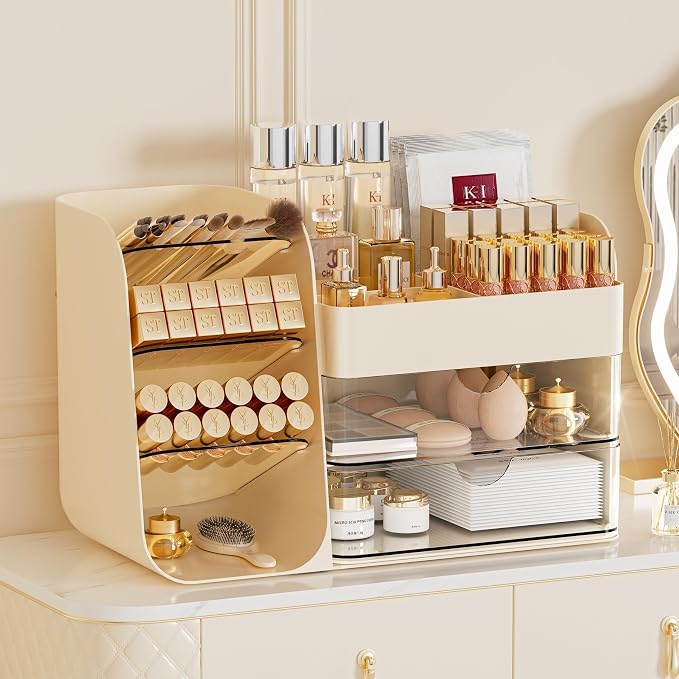 Makeup Organizer with Drawers, Large Capacity Countertop Organizer for Vanity, Bathroom and Bedroom Desk Cosmetics Organizer, Easy To Storage Skincare,Brushes, Eyeshadow,Lipstick (All Cream) - Image 4