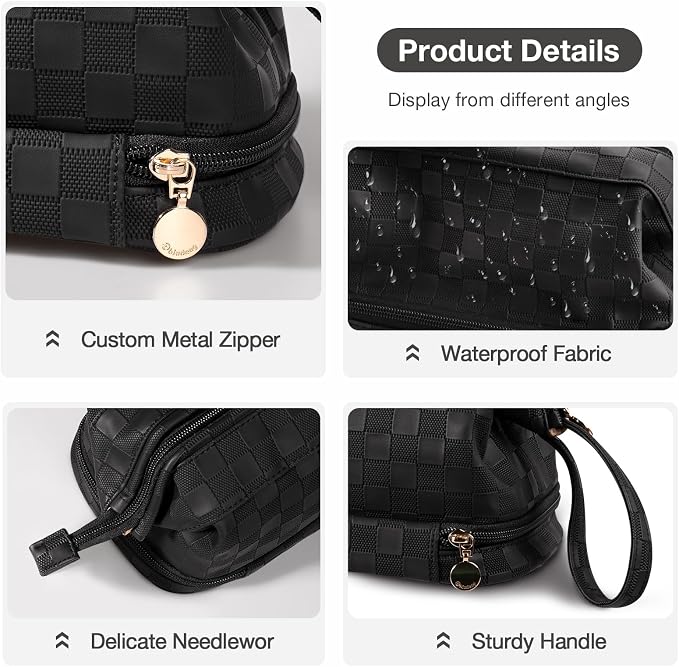 Abiudeng Large Capacity Makeup Bag Ladies Cosmetic Bag Travel Bag with Compartments Portable PU Leather Travel Makeup Bag with Handle - Image 3