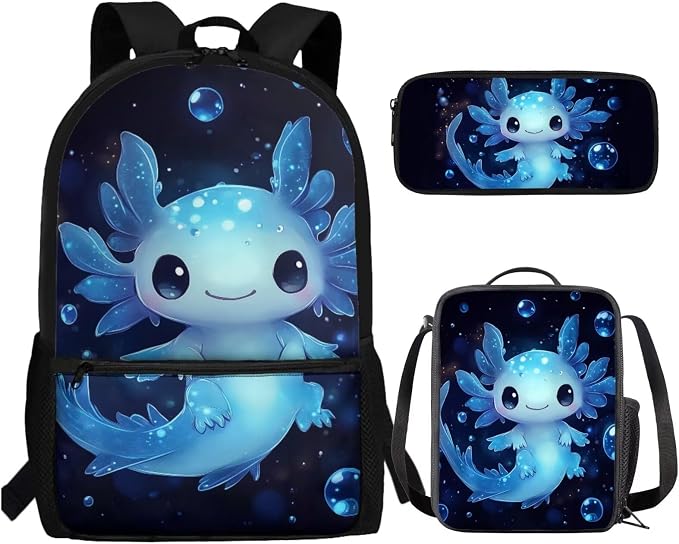 Blue Axolotl Backpack with Lunch Box Kids Girls 4 Grade Elementary School Bookbag and Lunch Bag Set 3 in 1 Middle Student Back Pack 8-10/6-8/4-6 Toddler Schoolbag Lunchbox Pencil Case by SCRAWLGODDreamWardrobe