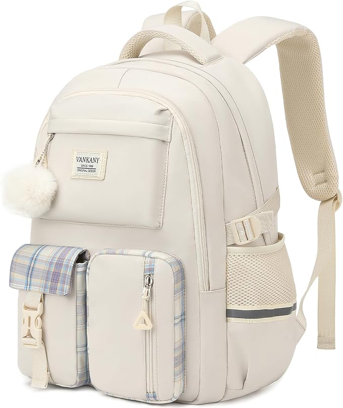 School Backpack for Teen Girls, Big Student Laptop Backpack Aesthetic Bookbags for College Women Elementary Middle High School Travel Mochilas Escolares, Beige by VANKANY