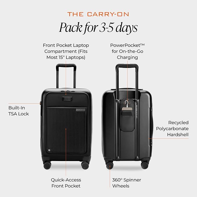 Briggs & Riley Essential 22 Inch Carry On Luggage Suitcase - Hardshell Luggage with Front Opening Pocket - Laptop Compartment - Compression Packing & Spinner Wheels - Sympatico Collection - Black - Image 3