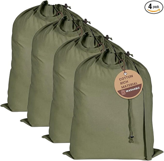 LFH Home Large Premium Cotton Rich Canvas Laundry Bag with Drawstring and Handles Heavy Duty, Multi-Use, and Washable for Home, Travel, College or Storage 28x40 (Pack of 4)-Military Green by LFHHomePrivateLimited